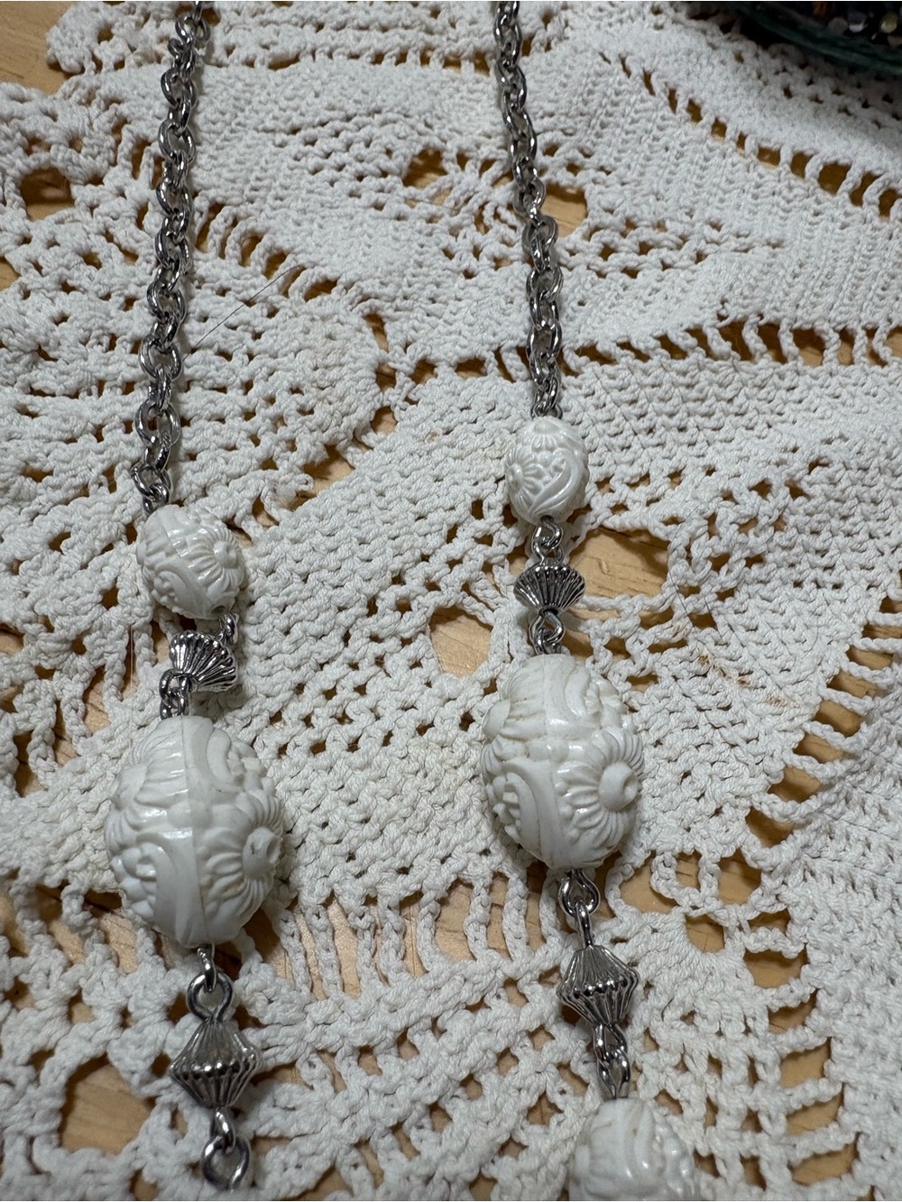 White Carved Bead Pendant Necklace - Made in Canada